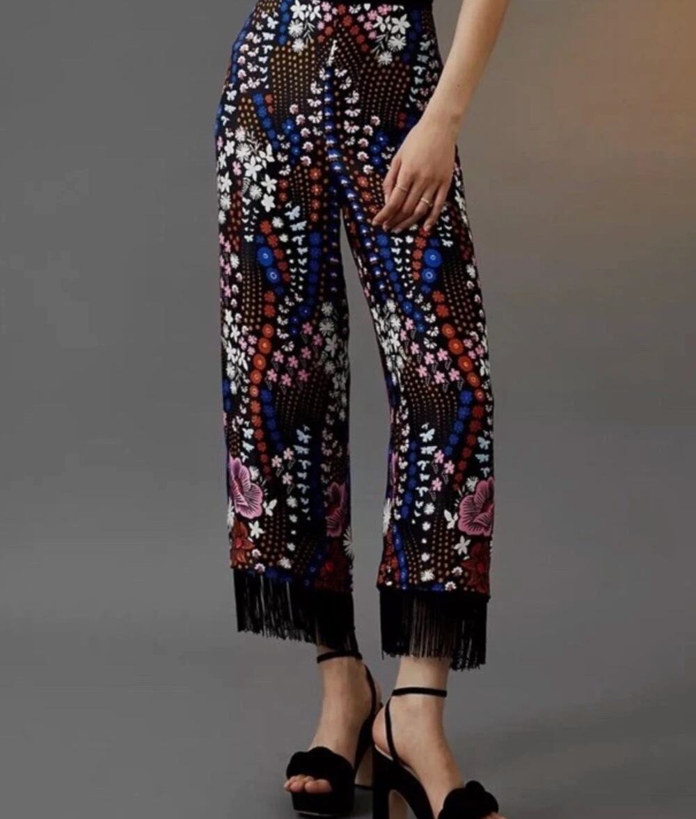Anthropologie Maeve Printed Wide-Leg Pants Frige Satin Pants 10